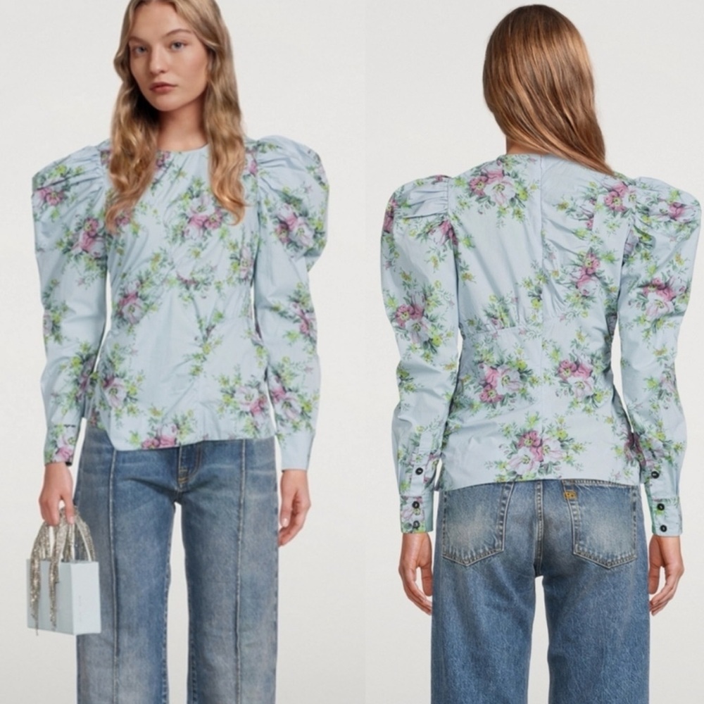 Ganni Floral Print Puff Sleeve Top
